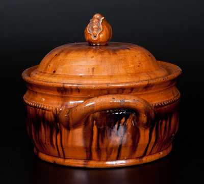 Unusual Redware Lidded Pot with Pea Pod Finial on Lid and Manganese Streaks