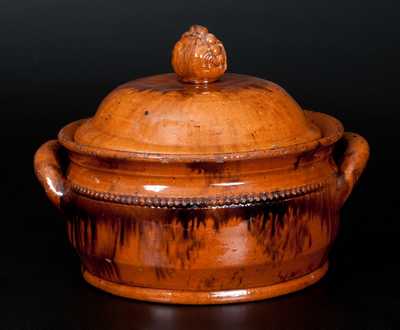 Unusual Redware Lidded Pot with Pea Pod Finial on Lid and Manganese Streaks