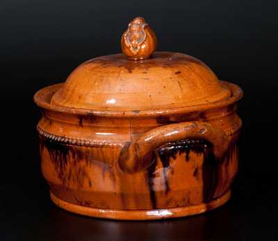 Unusual Redware Lidded Pot with Pea Pod Finial on Lid and Manganese Streaks
