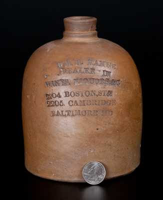 Rare Squat Baltimore Stoneware Liquor Jug with Six Lines of Advertising