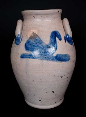 Rare Ovoid Stoneware Jar with Brushed Cobalt Swan Decoration