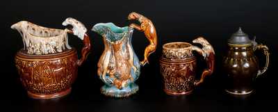 Lot of Four: Three Hunt Scene Vessels incl. Harker Pottery Examples and BENNETT Lidded Mug