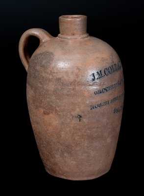 Unusual 1/4 Gal. Baltimore Stoneware Jug with Impressed Four-Line Advertising