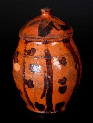 Lidded Redware Jar with Folky Stripe and Spot Decoration, probably Pennsylvania