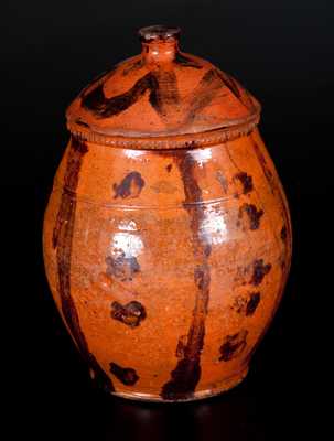 Lidded Redware Jar with Folky Stripe and Spot Decoration, probably Pennsylvania