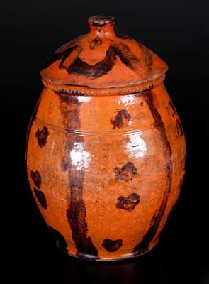 Lidded Redware Jar with Folky Stripe and Spot Decoration, probably Pennsylvania