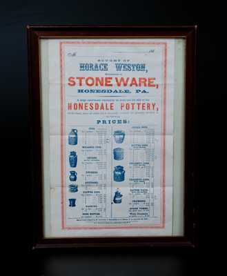 Rare Framed H. WESTON / HONESDALE, PA Illustrated Price List for Stoneware, Dated 1863