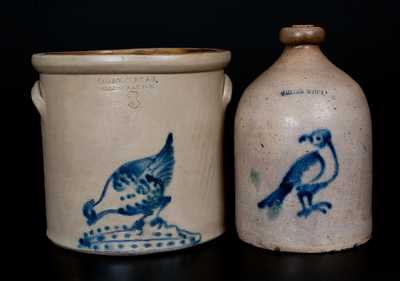 Lot of Two: WHITES UTICA Bird Jug, BRADY & RYAN / ELLENVILLE, NY Chicken Crock