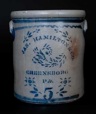 5 Gal. JAMES HAMILTON & CO. / GREENSBORO, PA Stoneware Crock