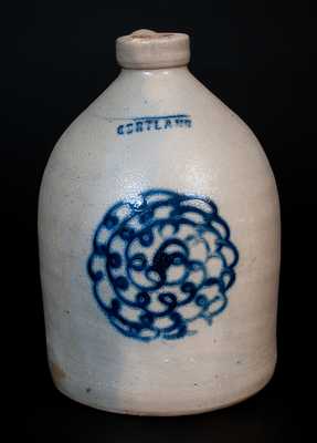 Unusual CORTLAND (NY) One-Gallon Stoneware Jug w/ Cobalt Floral Decoration