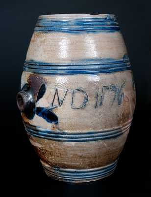 Exceptional Small-Sized Stoneware Keg w/ Incised Leaves Inscribed 