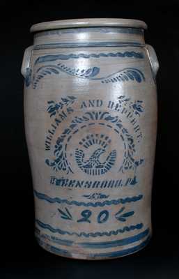 20 Gal. WILLIAMS & REPPERT / GREENSBORO, PA Stoneware Jar w/ Stenciled Eagle and Freehand Decoration