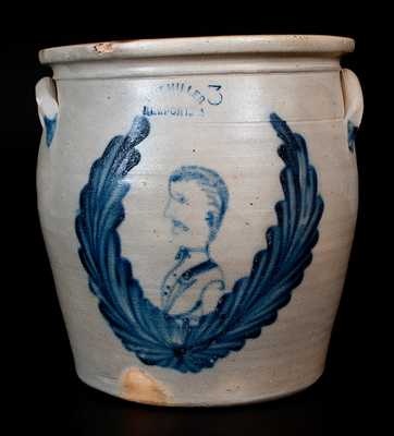 Important M. & T. MILLER / NEWPORT, PA Stoneware Jar w/ Man's Bust in a Wreath