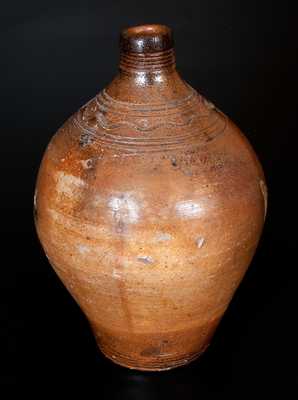 Unusual CHARLESTOWN (Boston) Iron-Dipped Stoneware Jug with Incised Line Decoration