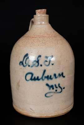 J. FISHER / LYONS, NY Stoneware Jug with Auburn, NY Script Advertising