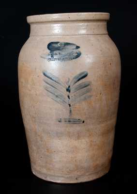 Rare HIGGINS & CO / CLEVELAND O. Two-Gallon Stoneware Jar with Cobalt Foliate Decoration