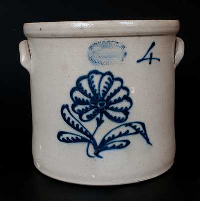 4 Gal. J. BURGER JR. / ROCHESTER, NY Stoneware Crock with Slip-Trailed Floral Decoration