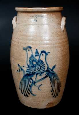 Six-Gallon WHITES UTICA Stoneware Churn with Slip-Trailed Double Bird Decoration