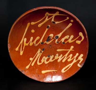 Norwalk, CT Redware Plate with Yellow Slip Inscription 