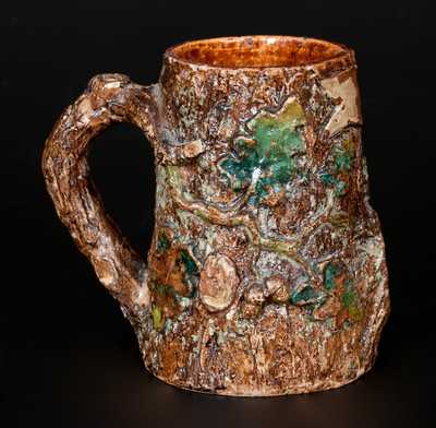Rare John Fritz, Philadelphia, Rustic Pottery Mug w/ Tree Branch Handle and Oak Leaves and Acorns
