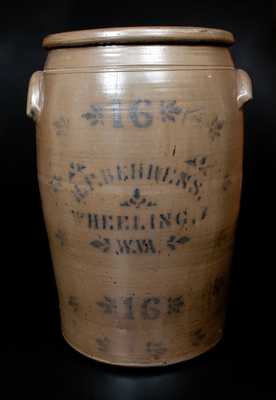 16 Gal. H. F. BEHRENS / WHEELING, W.VA Stoneware Crock w/ Stenciled Decoration