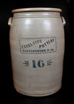 16 Gal. EXCELSIOR POTTERY / PARKERSBURG, W. VA. Stoneware Crock w/ Stenciled Advertising