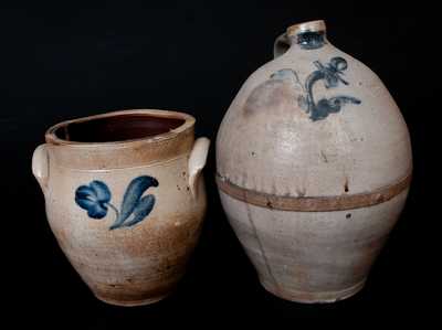 Lot of Two: Ovoid Stoneware Jug and Jar with Cobalt Floral Decoration