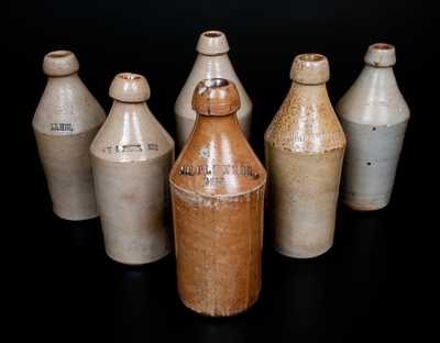 Lot of Six: Assorted Stoneware Bottles, Five with Stamped Advertising