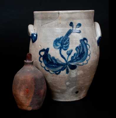 Lot of Two: Stoneware Jar attrib. Abial Price, Matawan, NJ, and Redware Flask, probably NJ