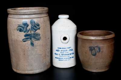 Lot of Three: Two Baltimore Stoneware Crocks with SARANAC LAKE, NY Stoneware Footwarmer