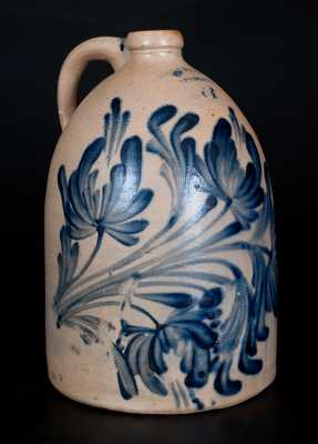 Outstanding M. & T. MILLER / NEWPORT, PA Three-Gallon Stoneware Jug w/ Profuse Cobalt Floral Decoration