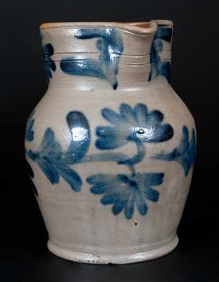 Half-Gallon Remmey, Philadelphia Stoneware Pitcher w/ Cobalt Floral Decoration