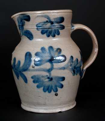 Half-Gallon Remmey, Philadelphia Stoneware Pitcher w/ Cobalt Floral Decoration