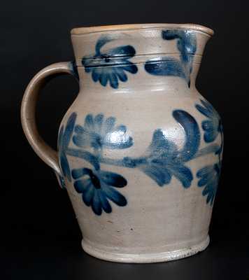 Half-Gallon Remmey, Philadelphia Stoneware Pitcher w/ Cobalt Floral Decoration