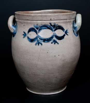 Important D. MORGAN / N. YORK Stoneware Jar w/ Impressed Drape and Tassel Decoration