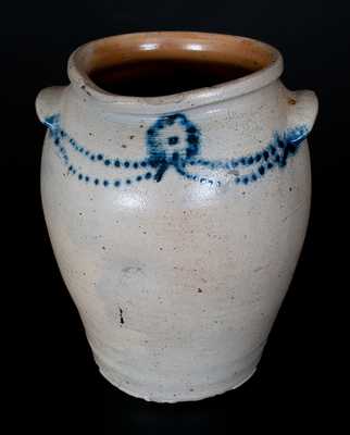 Very Rare Morgan Maker (Baltimore) Stoneware Jar w/ Slip-Trailed Cobalt Floral Decoration