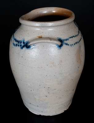 Very Rare Morgan Maker (Baltimore) Stoneware Jar w/ Slip-Trailed Cobalt Floral Decoration