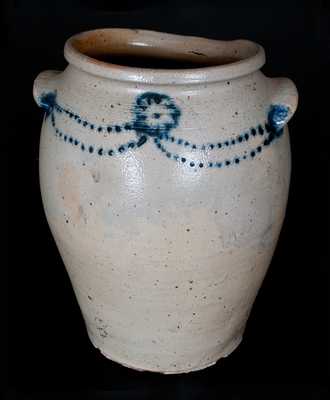 Very Rare Morgan Maker (Baltimore) Stoneware Jar w/ Slip-Trailed Cobalt Floral Decoration