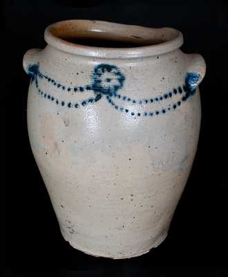 Very Rare Morgan Maker (Baltimore) Stoneware Jar w/ Slip-Trailed Cobalt Floral Decoration