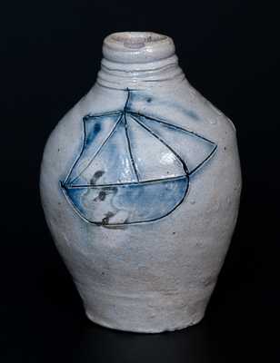 Important Small Incised Ship Stoneware Flask, New Jersey origin, 18th century