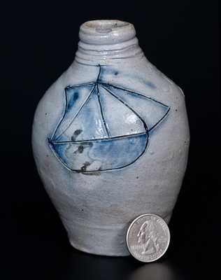 Important Small Incised Ship Stoneware Flask, New Jersey origin, 18th century