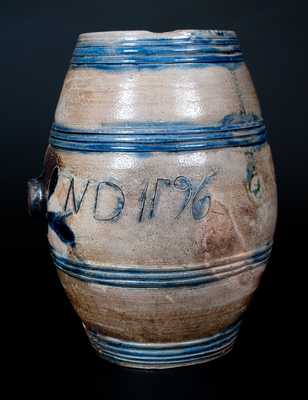 Exceptional Small-Sized Stoneware Keg w/ Incised Leaves Inscribed 