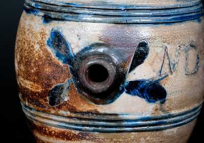 Exceptional Small-Sized Stoneware Keg w/ Incised Leaves Inscribed 