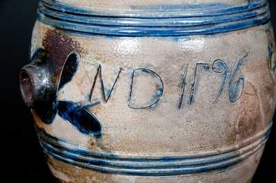 Exceptional Small-Sized Stoneware Keg w/ Incised Leaves Inscribed 