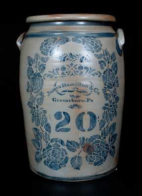 20 Gal. JAMES HAMILTON & CO. / Greensboro, PA Stoneware Jar w/ Profuse Stenciled Rose Decoration