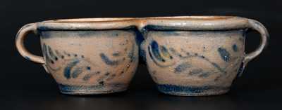 Rare Western PA Stoneware Conjoined Cups w/ Profuse Cobalt Vining and Stripe Decoration