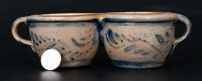 Rare Western PA Stoneware Conjoined Cups w/ Profuse Cobalt Vining and Stripe Decoration