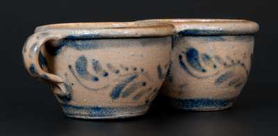 Rare Western PA Stoneware Conjoined Cups w/ Profuse Cobalt Vining and Stripe Decoration