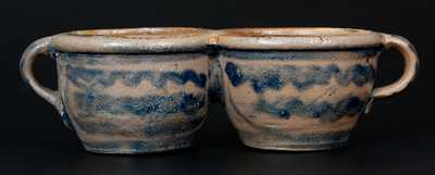 Rare Western PA Stoneware Conjoined Cups w/ Profuse Cobalt Vining and Stripe Decoration