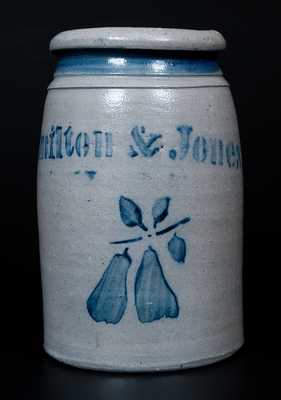 Fine Hamilton & Jones, Greensboro, PA Canning Jar w/ Stenciled Cobalt Pear Decoration